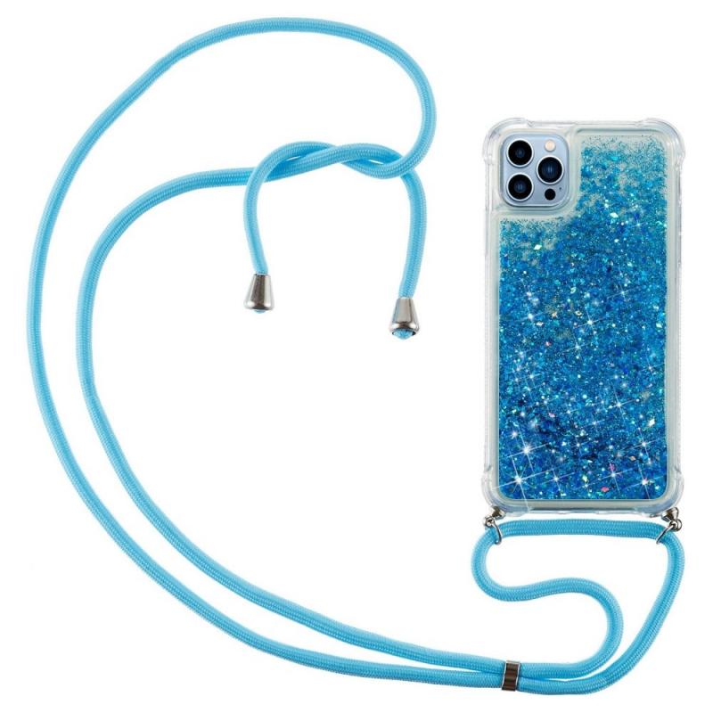 iPhone 14 Pro Max Backcover hoes Glitter Blauw met koord