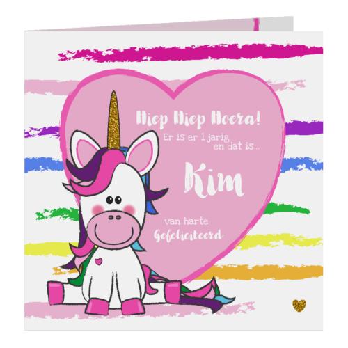 Verjaardagskaart met een vrolijke unicorn
