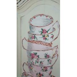 Brocante wanddecoratie kastdeurtje acrylverf kopjes