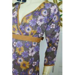 70s vintage katoen jurk bruin paars bloemenprint S-M