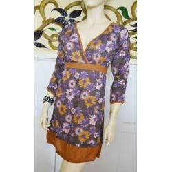 70s vintage katoen jurk bruin paars bloemenprint S-M