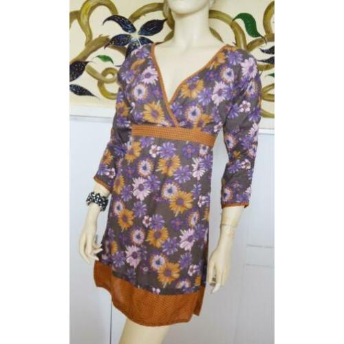 70s vintage katoen jurk bruin paars bloemenprint S-M