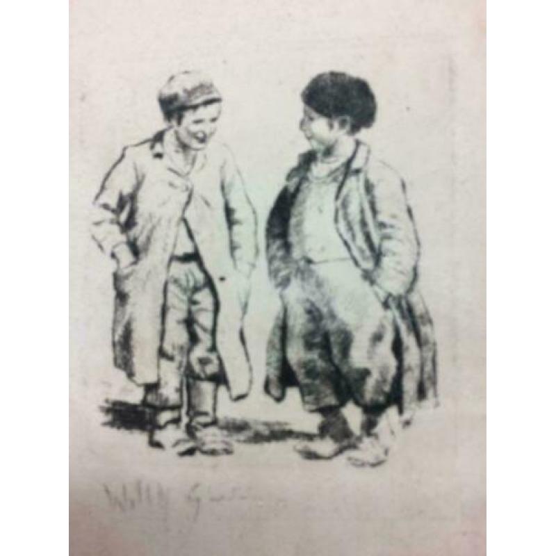 Willy Sluiter (1873-1939) Katwijkse Jongetjes ets gesigneerd
