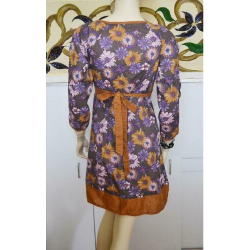 70s vintage katoen jurk bruin paars bloemenprint S-M