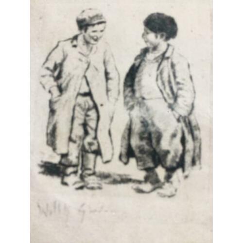 Willy Sluiter (1873-1939) Katwijkse Jongetjes ets gesigneerd