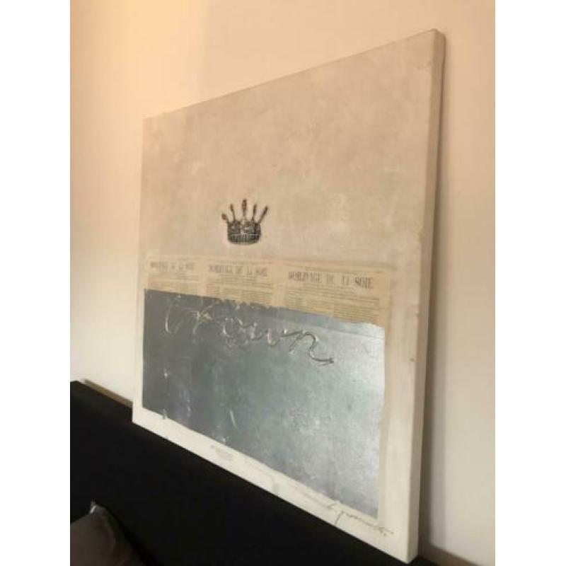 Schilderij canvas zilver en crème van crown