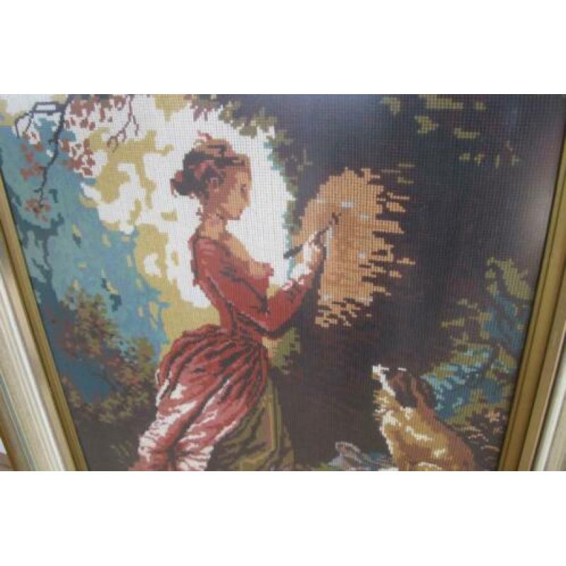 Romantisch borduurwerk schilderij met lijst groot 84,5x67 cm