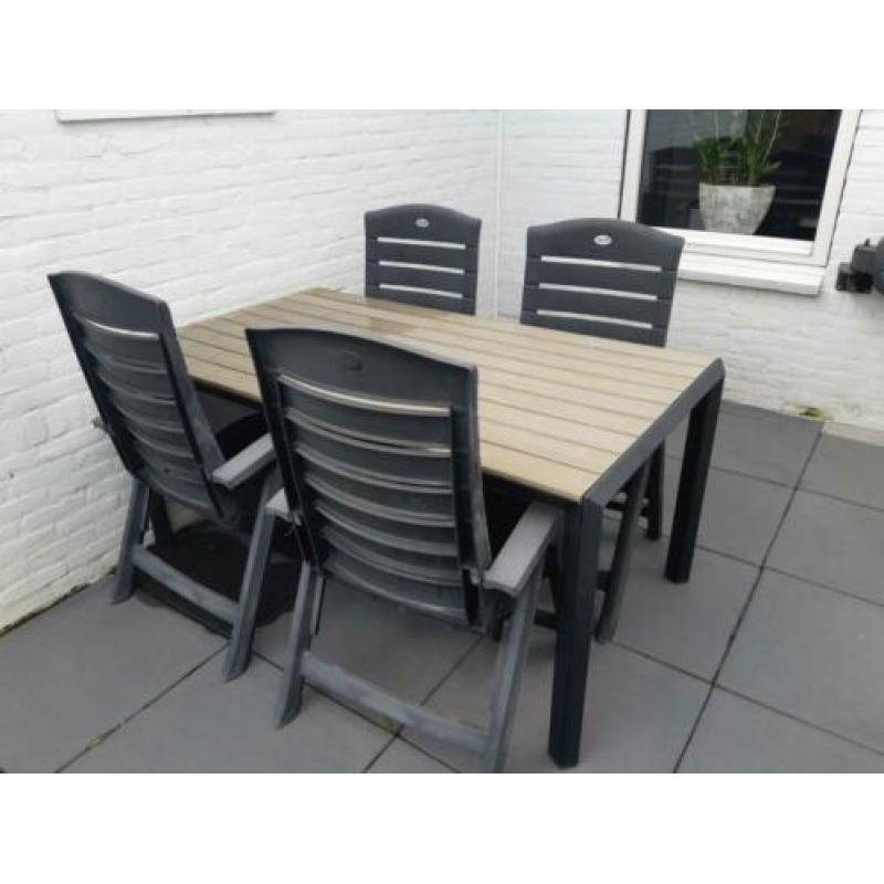 Tuin tafel +stoelen+kussens.
