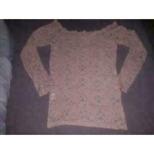 Kanten top beige roze lange mouwen maat S stretch bieden