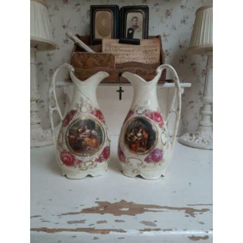 Set van 2 stuks Frans vaasjes, mooi, oud, brocante, hoogte 2