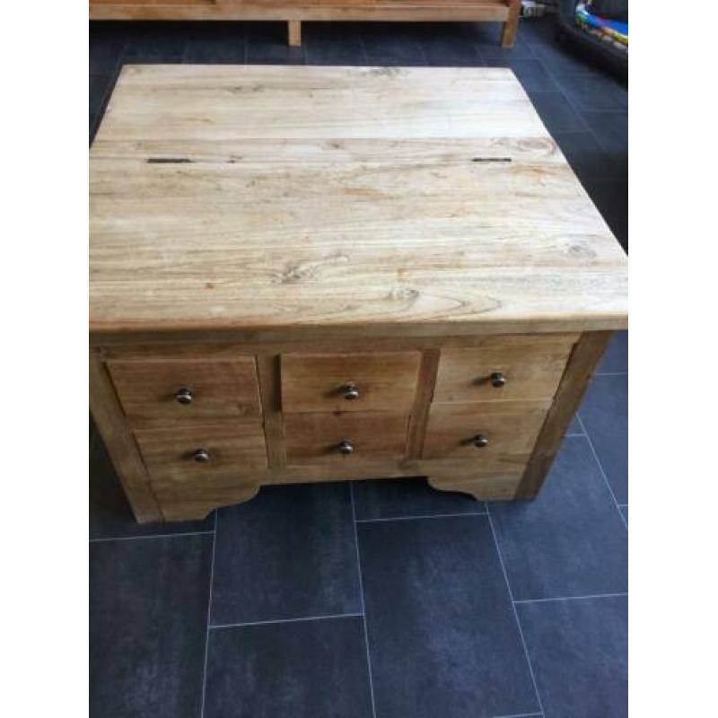 Teak salontafel kist klep lades