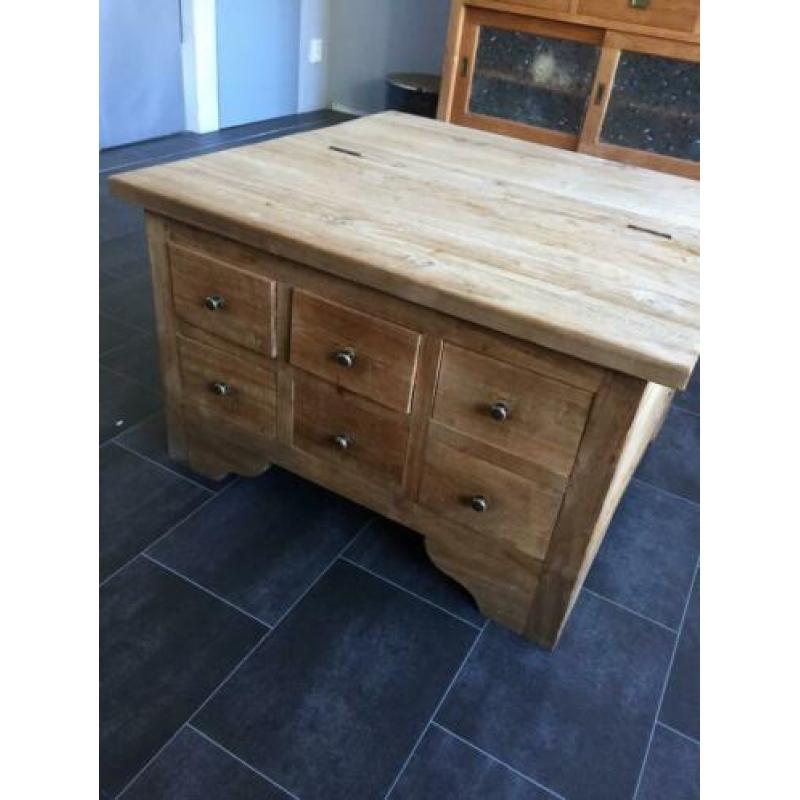 Teak salontafel kist klep lades