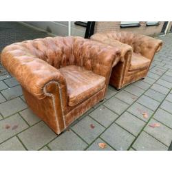 Twee Chesterfield fauteuils vintage cognac GRATIS BEZORGD!