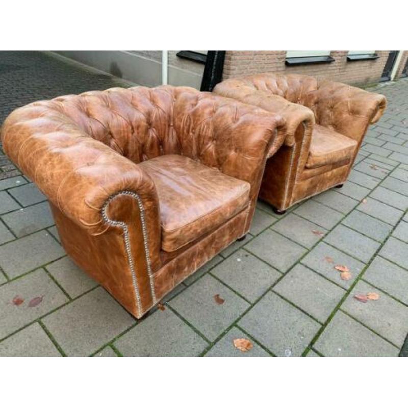 Twee Chesterfield fauteuils vintage cognac GRATIS BEZORGD!
