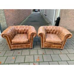 Twee Chesterfield fauteuils vintage cognac GRATIS BEZORGD!