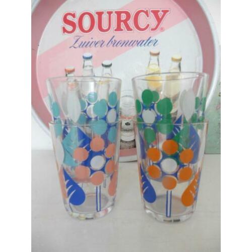 Vintage glazen nieuw grafische print jaren 70 4 stuks glas