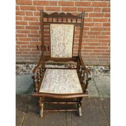 Antieke Houten Schommelstoel op Veren, Gobbelin Stof