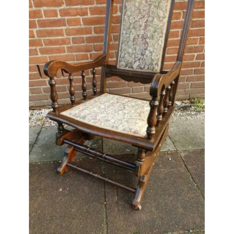 Antieke Houten Schommelstoel op Veren, Gobbelin Stof