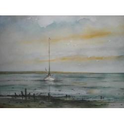 AQUAREL * RUSTIG ZEEGEZICHT * Zeilbootje op het Water *