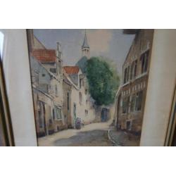 Ingelijste aquarel: prachtig straatje van G.van Jeveren.
