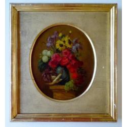 Oud schilderij op paneel afb. bloemstilleven met dode vogel