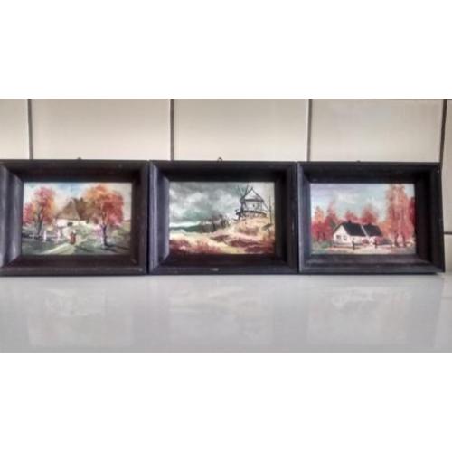 Te koop, set van 3 kleine schilderijtjes, oliecerf op paneel