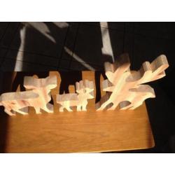 set van 3 dieren, (hert rendier beeld hout kerst decoratie)