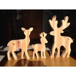set van 3 dieren, (hert rendier beeld hout kerst decoratie)