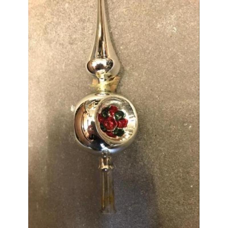 Brocante kerstversiering piek deukbal kerstbal rood groen