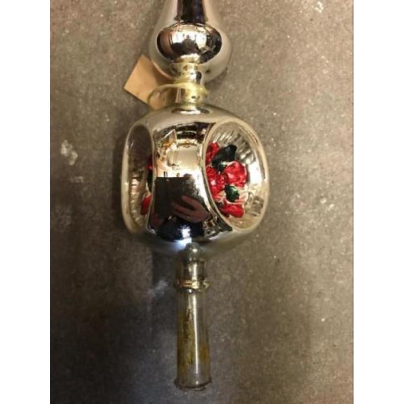 Brocante kerstversiering piek deukbal kerstbal rood groen