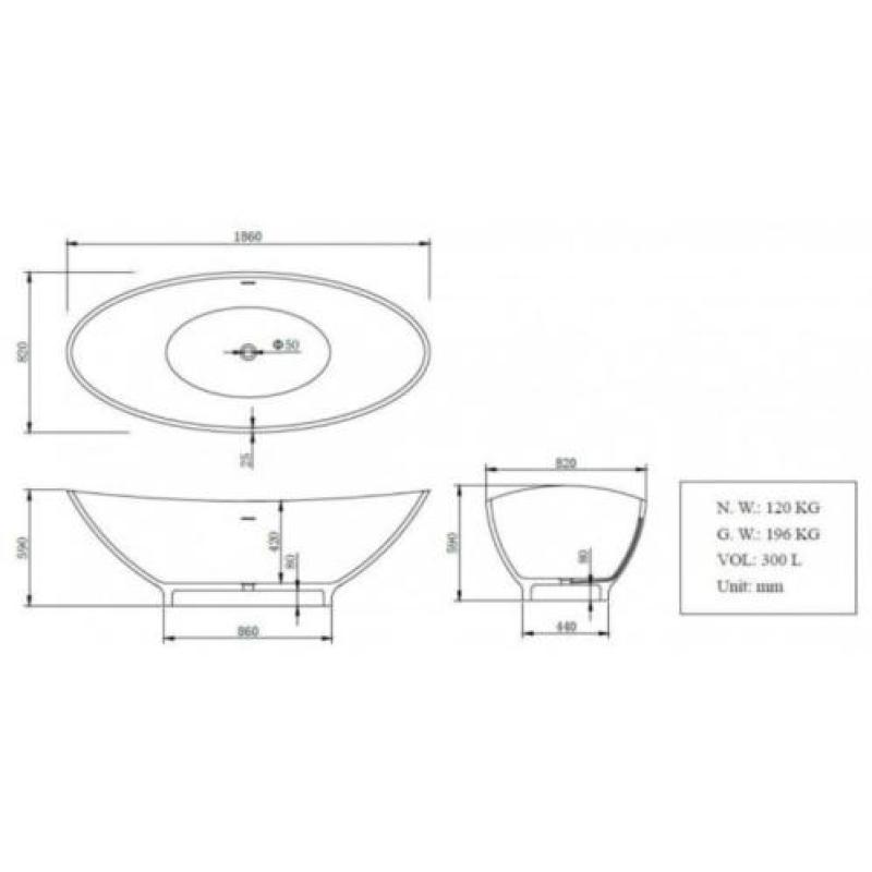 Solid Surface vrijstaand bad type 2 1860x820x590 NIEUW €1800