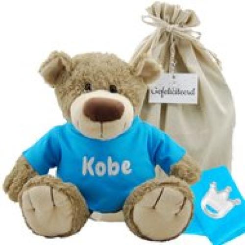 Knuffel Beer Bella met naam op turquoise shirtje