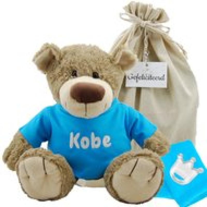 Knuffel Beer Bella met naam op turquoise shirtje