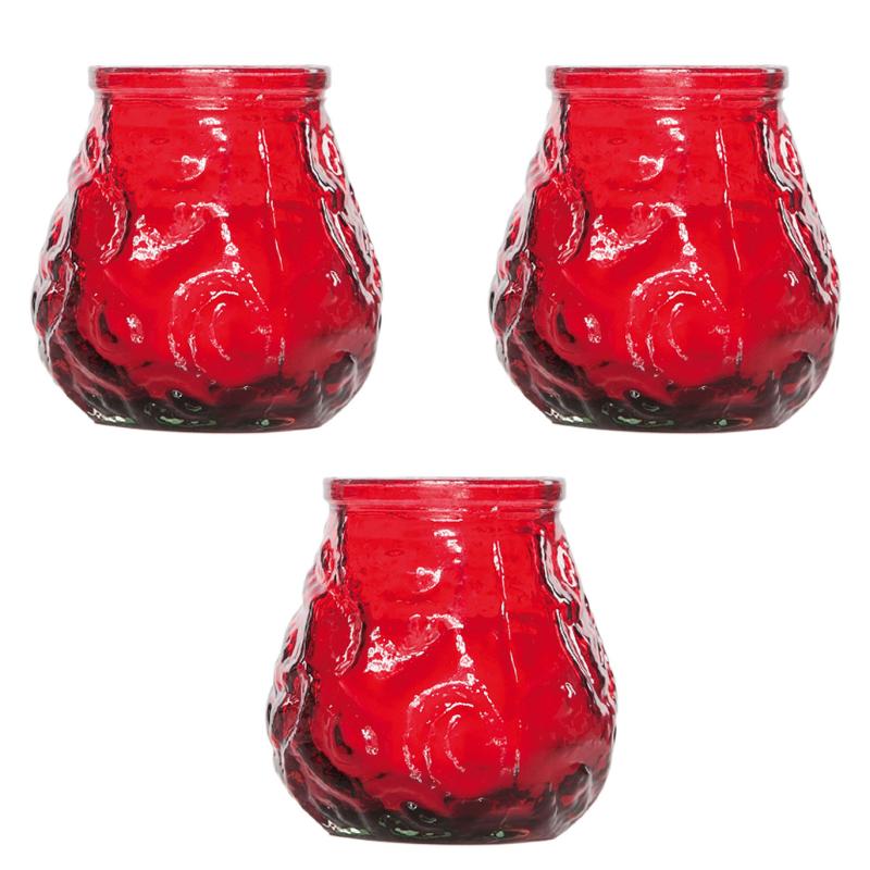 3x Rode tafelkaarsen in glazen houders 7 cm brandduur 17 uur