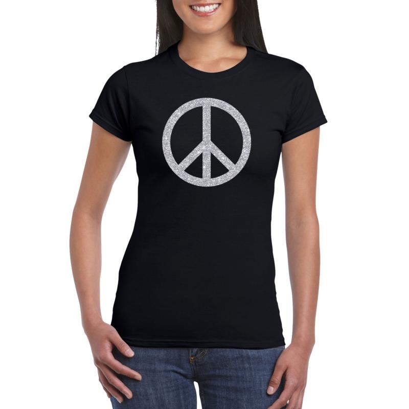 Toppers - Zwart Flower Power t-shirt zilveren glitter peace teken dames